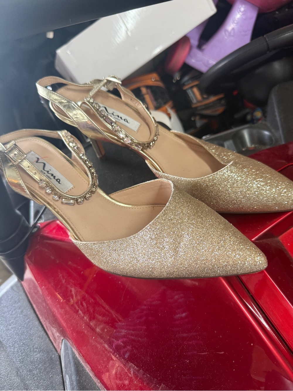 Nina Gold Glitter Pointed Toe Jeweled Slingback Heels